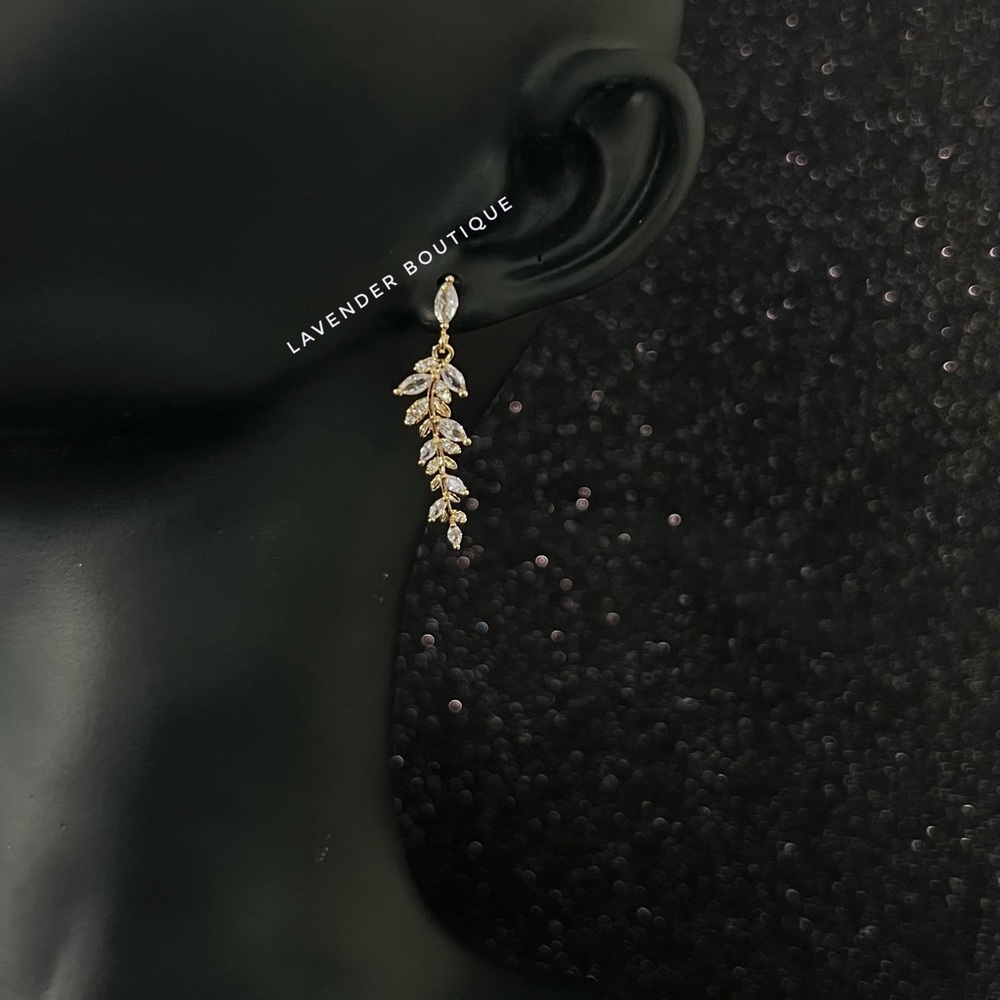 NEW 14K Gold Plated Diamond Leaf Drop Earrings - Picture 4 of 7